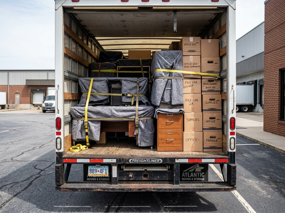 Commercial movers loading office furniture and IT equipment into a moving truck