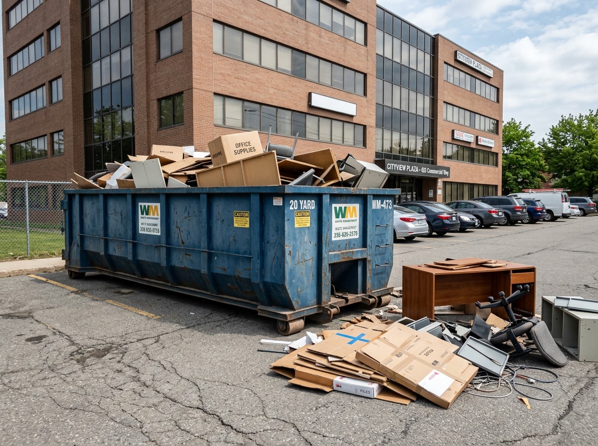 Commercial dumpster staged outside an office building during a business relocation cleanout