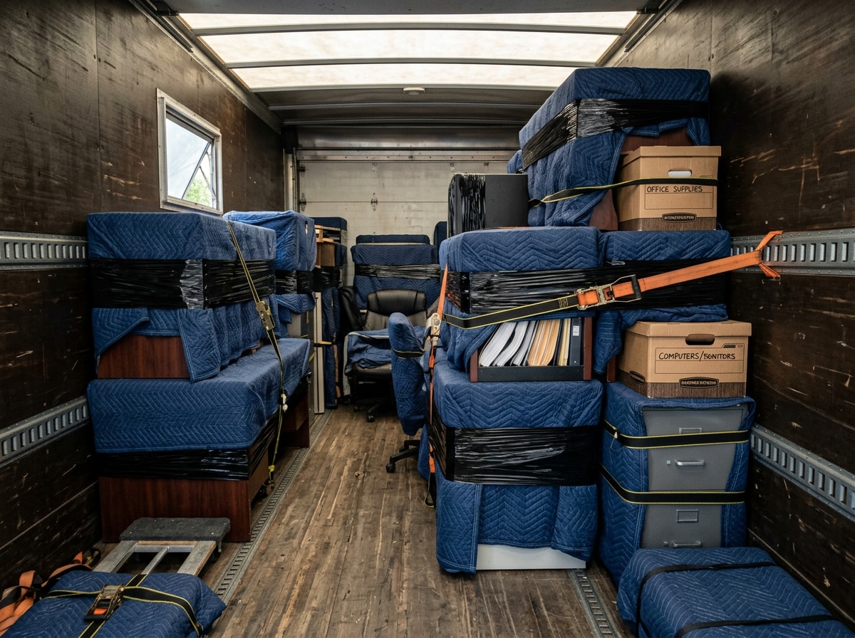 Moving crew securing commercial furniture and equipment inside a truck before transport