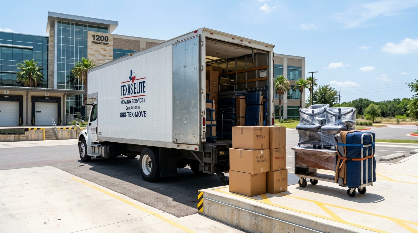 Commercial moving truck parked at an office loading dock in San Antonio, TX