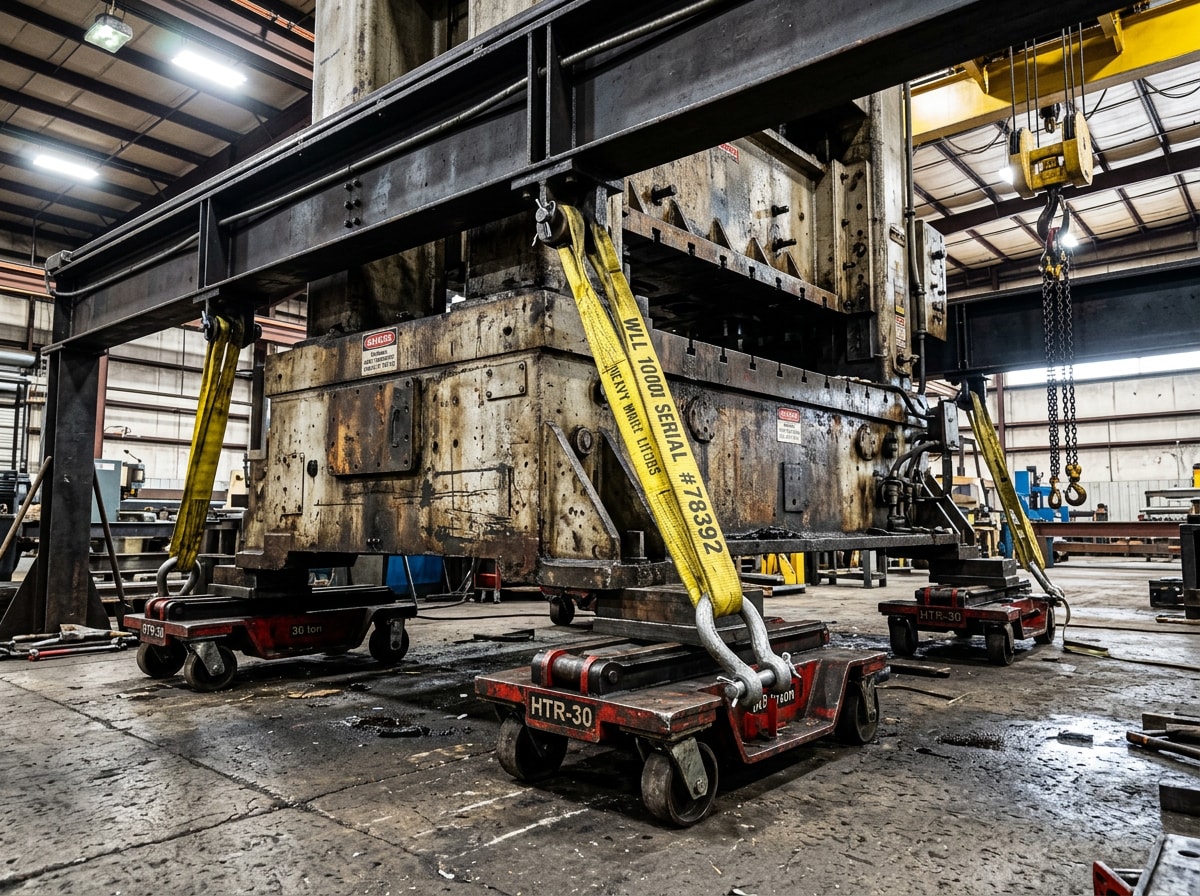 Crew using hydraulic dollies and rigging equipment to move a heavy industrial machine