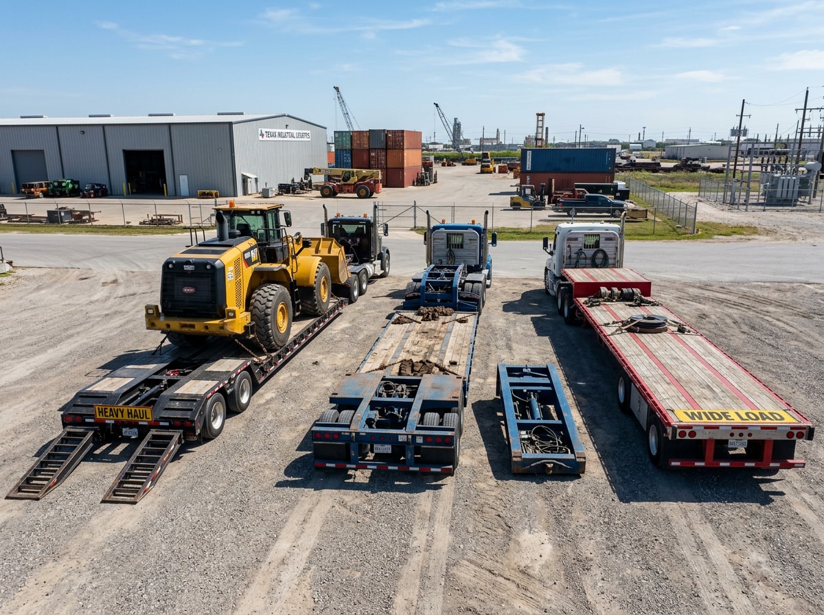 Diagram comparing lowboy, RGN, and flatbed trailer configurations for heavy equipment transport