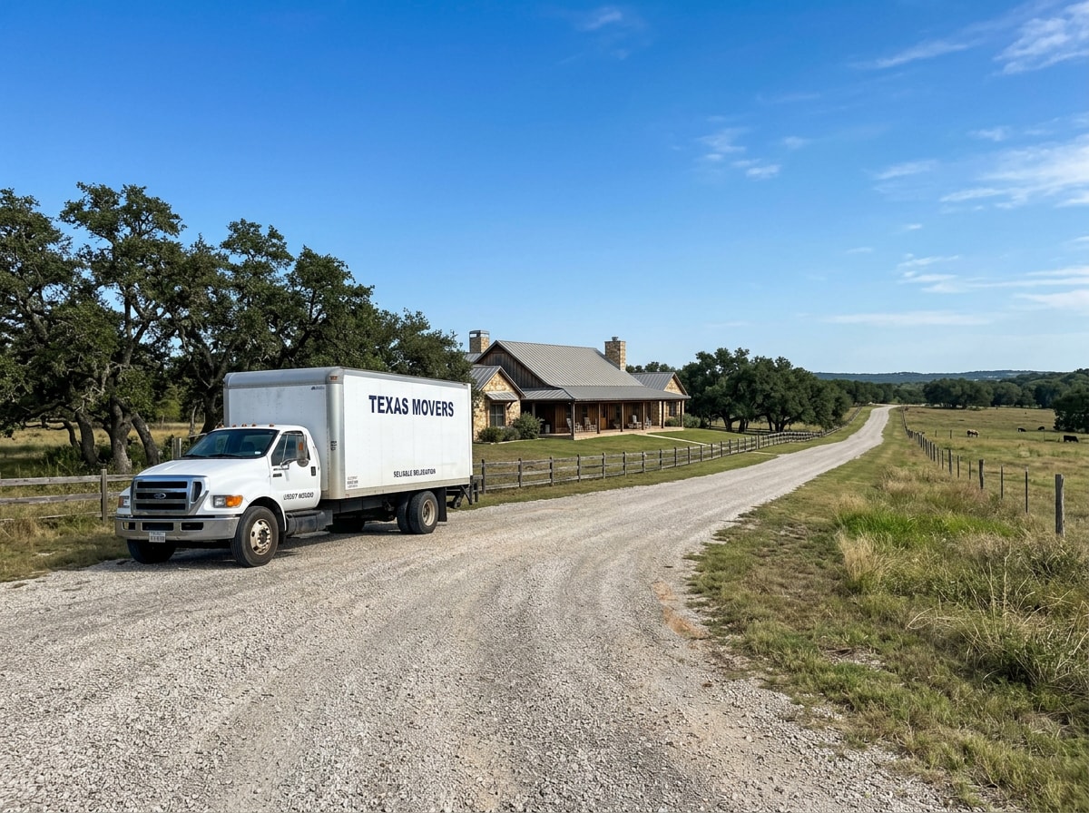Moving truck parked on a long gravel driveway at a rural Adkins, TX home
