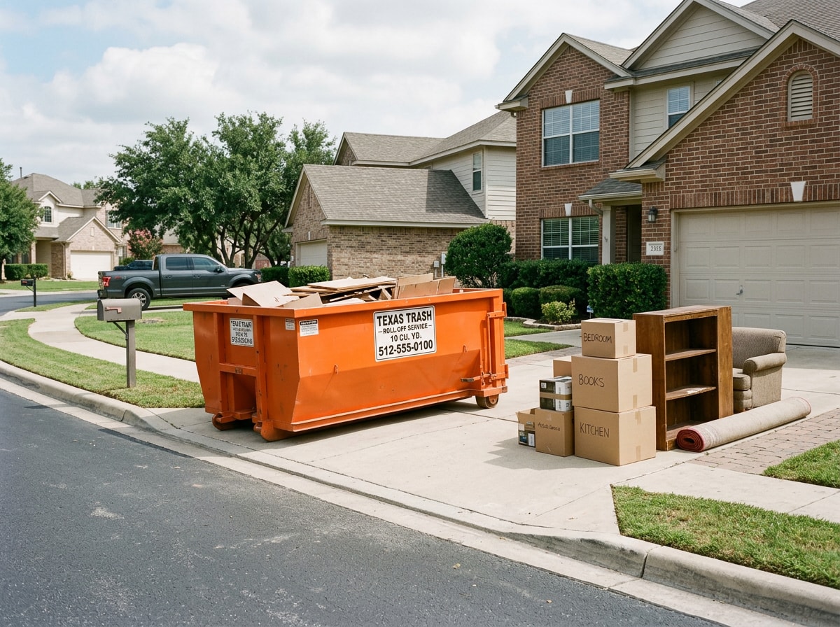 Residential dumpster set curbside during a home move-out cleanout in Texas