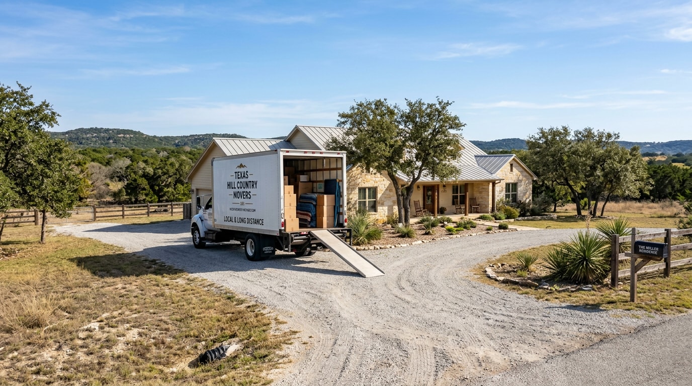 Moving truck parked outside a rural home near Adkins, TX