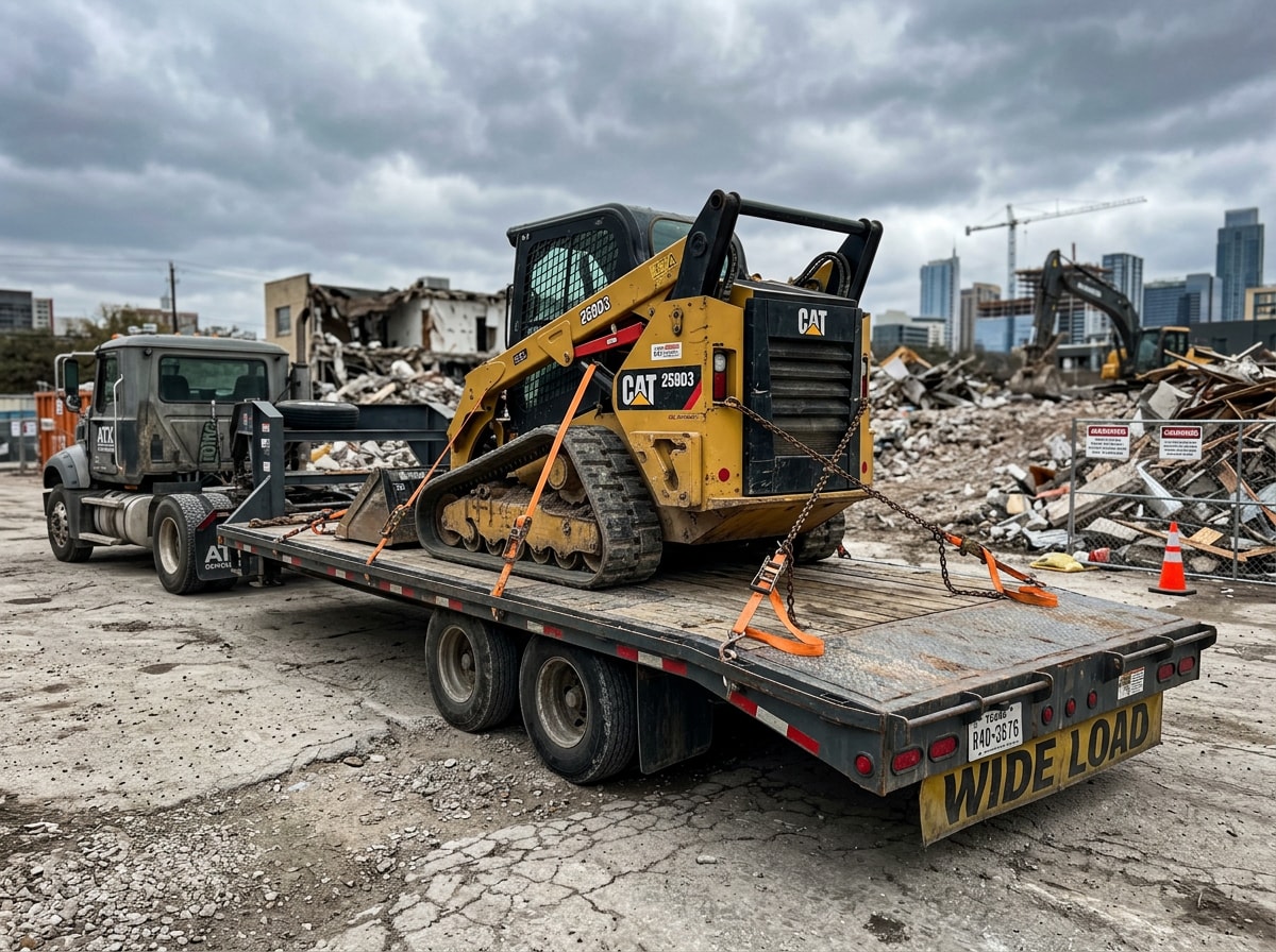 Flatbed trailer loaded with a skid steer at an Austin, TX demolition site