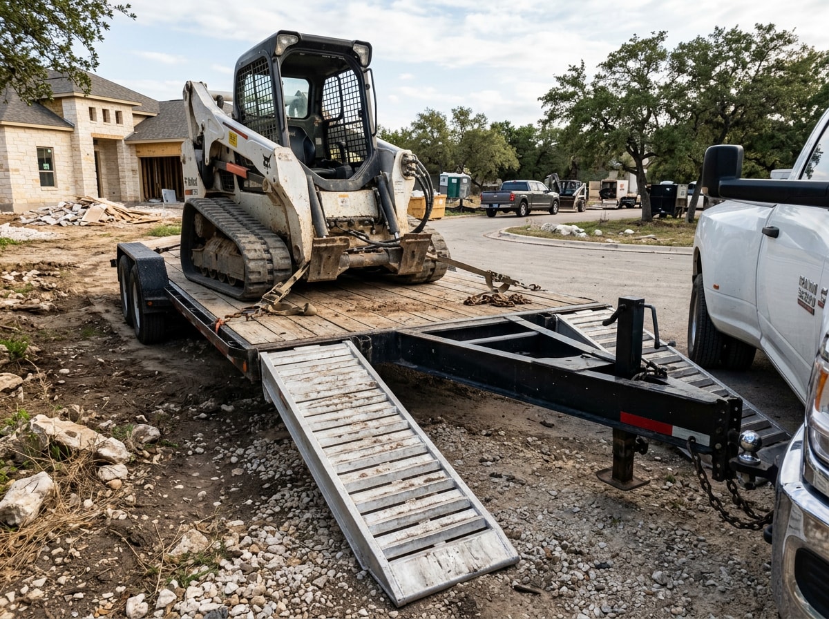 Gooseneck flatbed trailer with megaramps loading a skid steer in Austin, TX