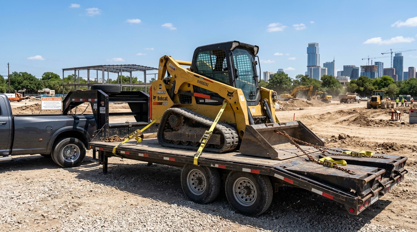 Flatbed trailer loaded with a skid steer at an Austin, TX construction site