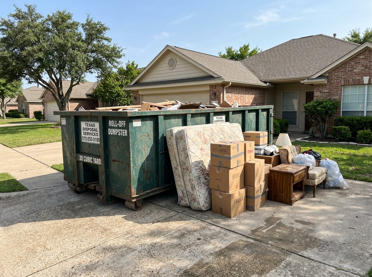 A roll-off dumpster parked in a driveway next to sorted furniture and boxes before a home move