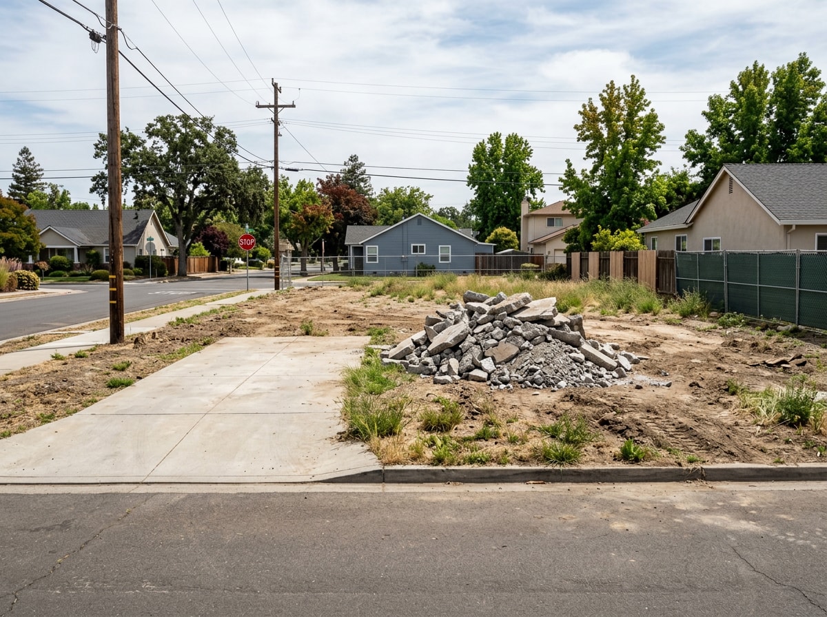 A cleared residential lot with a small pile of concrete debris staged for haul-away after a move-out