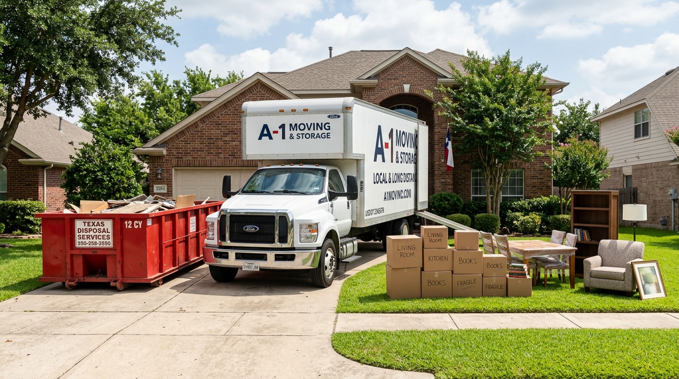 A dumpster and a moving truck parked together outside a home in Adkins, TX during a move