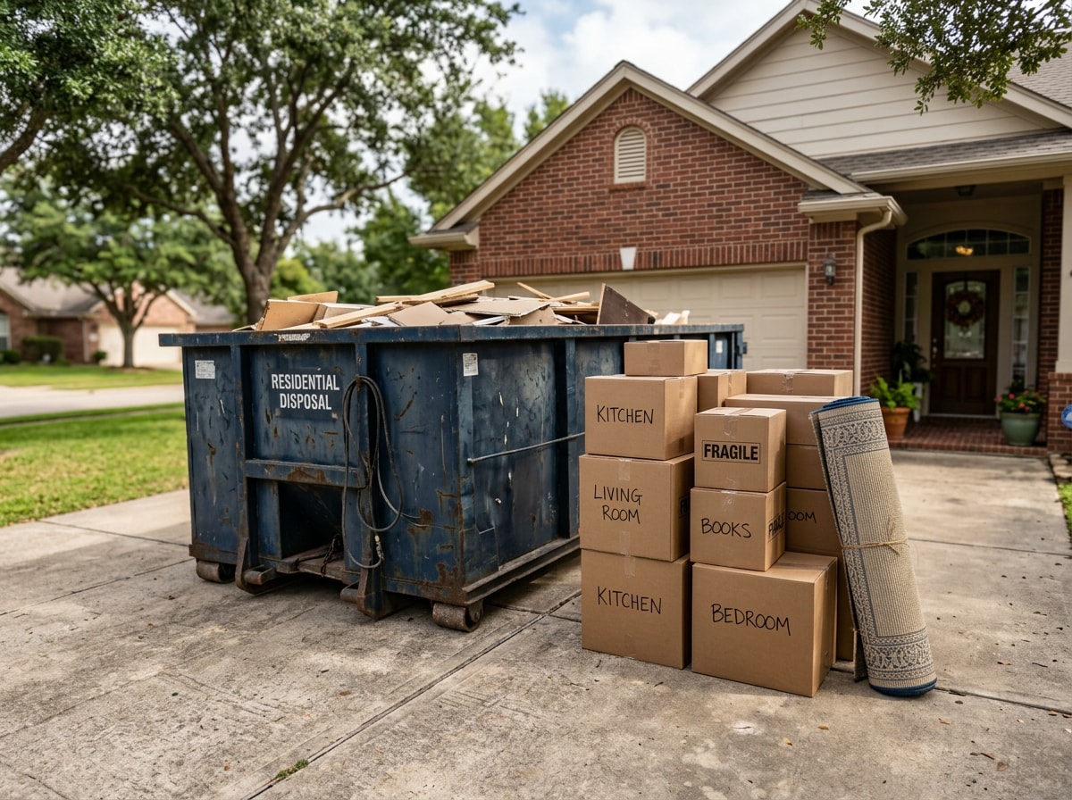 Residential dumpster parked next to stacked moving boxes in a Cibolo driveway
