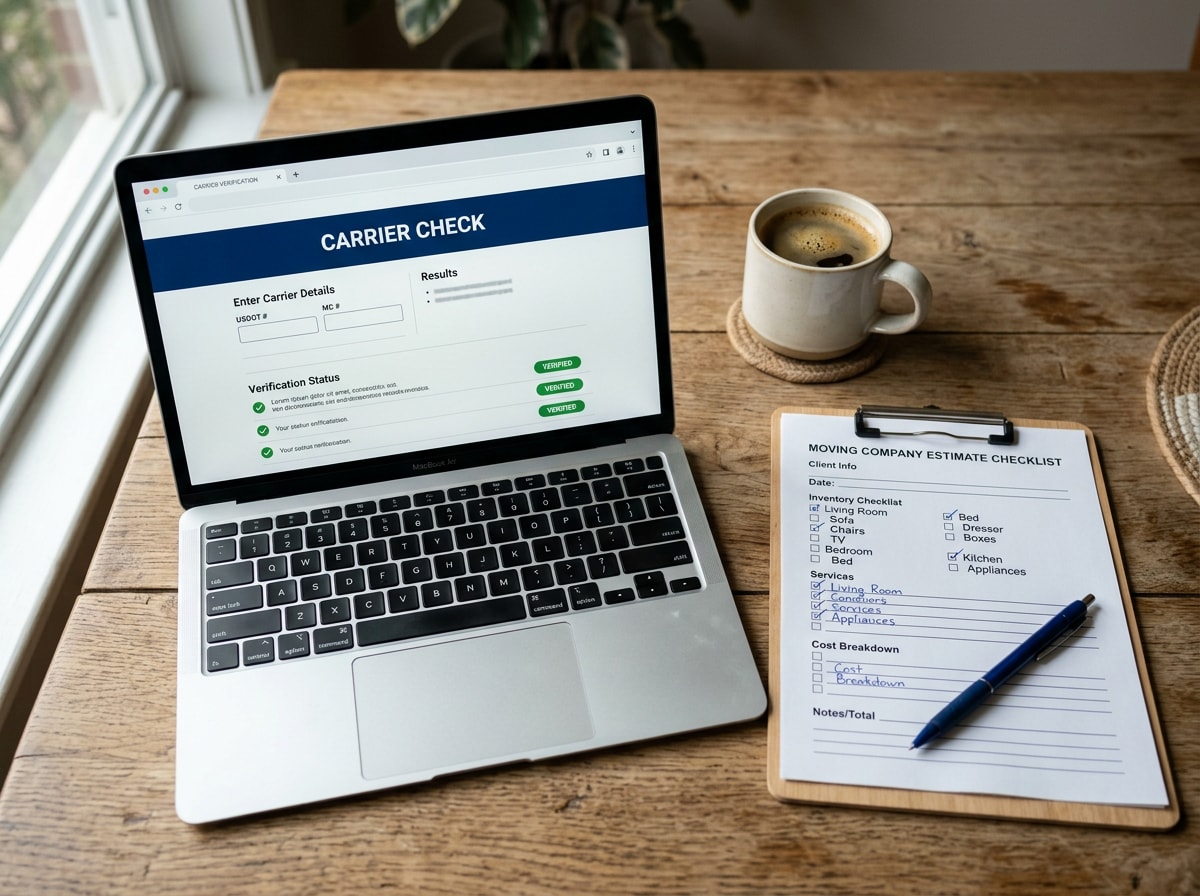 Checklist and laptop used to verify a moving company's licensing and insurance before booking