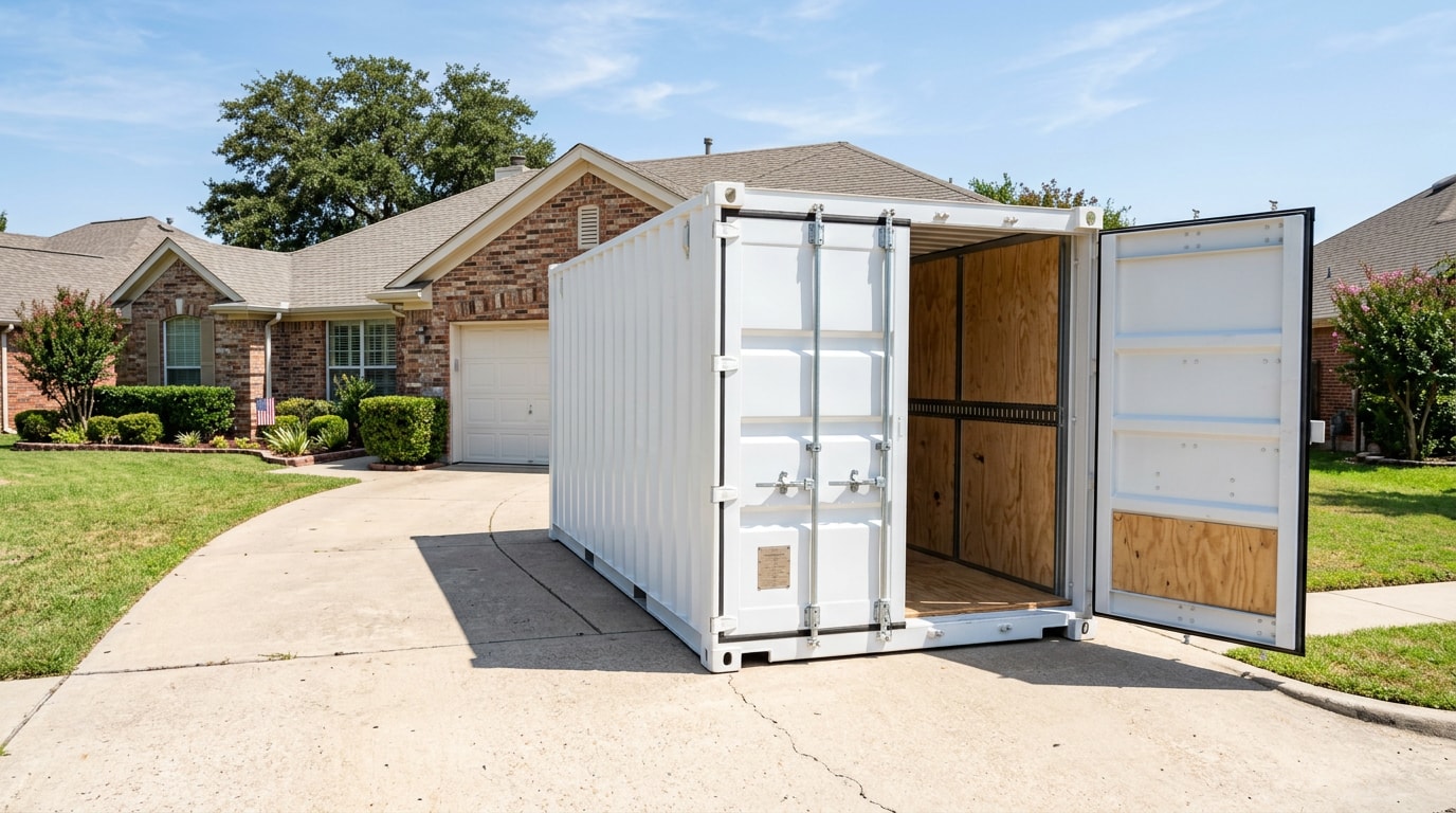 Portable moving container delivered to a driveway in Cibolo, TX