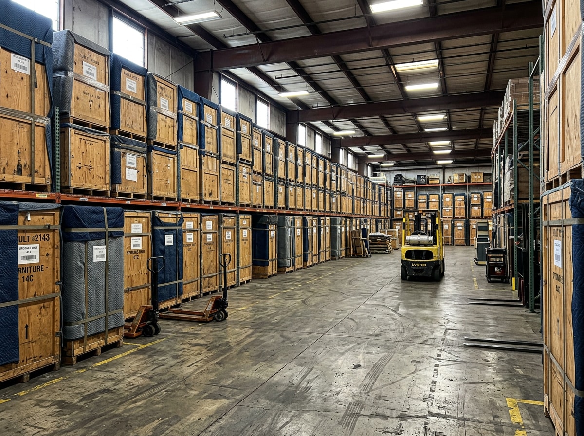 Secure moving company warehouse with individually wrapped furniture vaults stacked for short-term storage