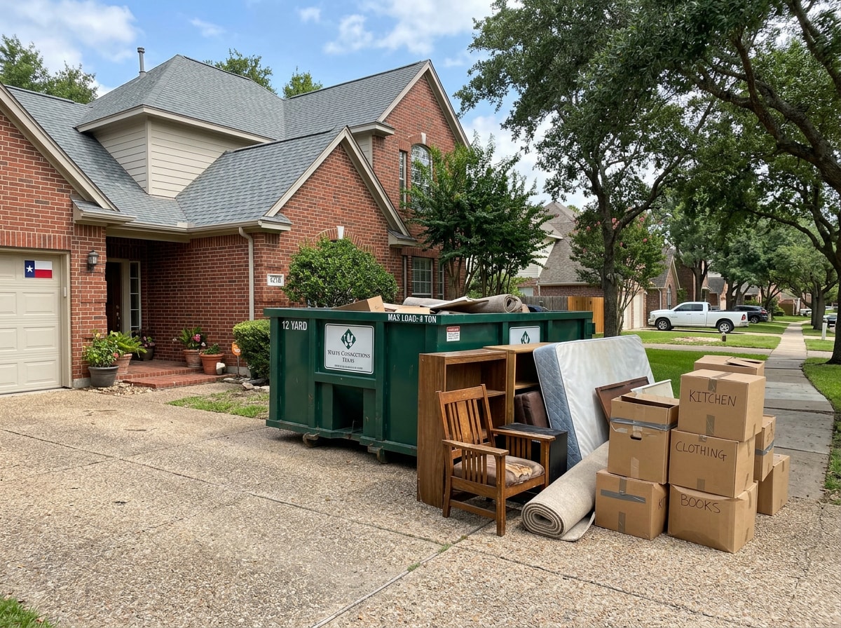 Residential dumpster positioned in a driveway during a pre-move home cleanout in Seguin, TX