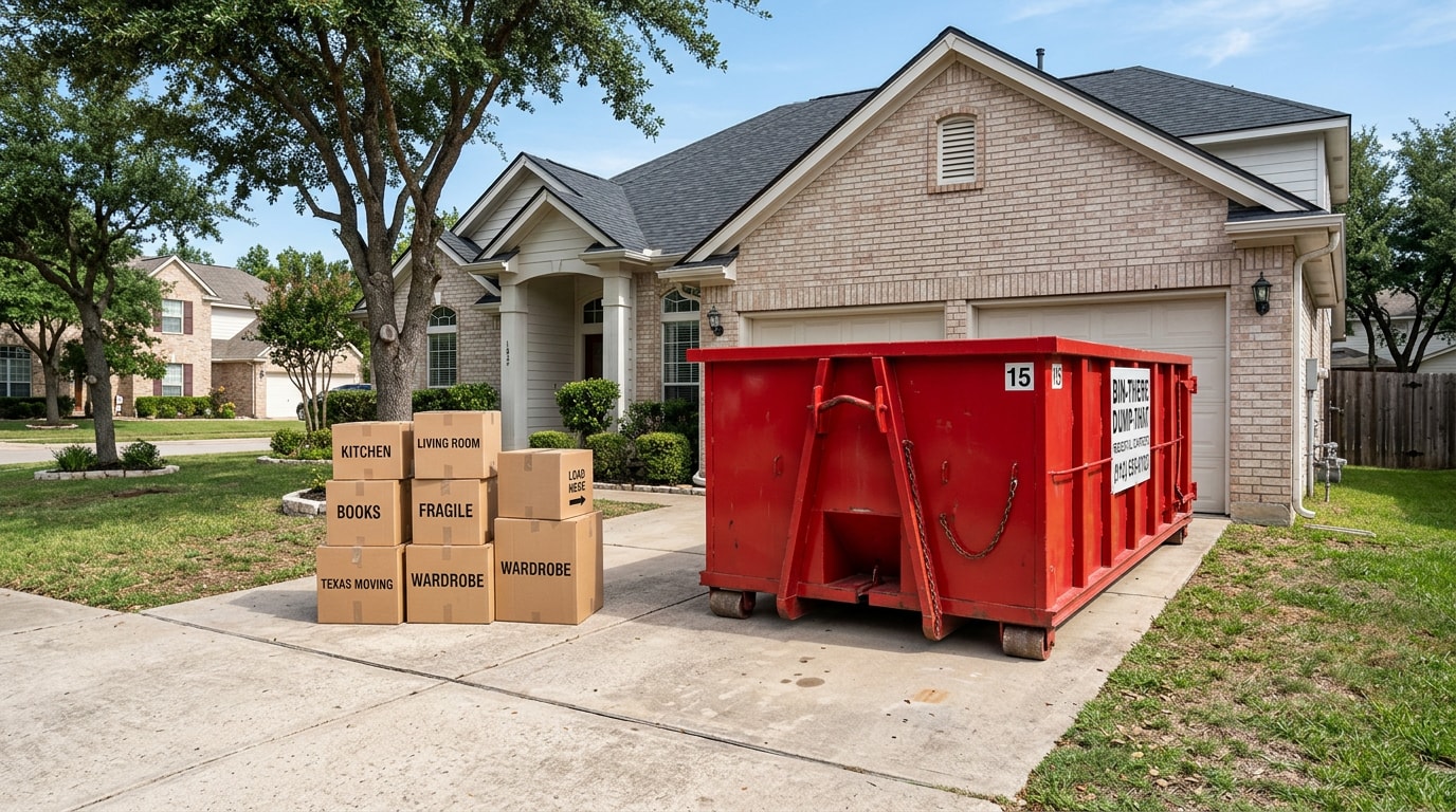 Residential dumpster rental staged outside a Seguin, TX home during a move Residential dumpster rental staged outside a Seguin, TX home during a move