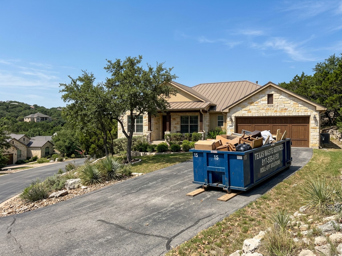 Dumpster positioned in a New Braunfels driveway during a home move-out cleanout