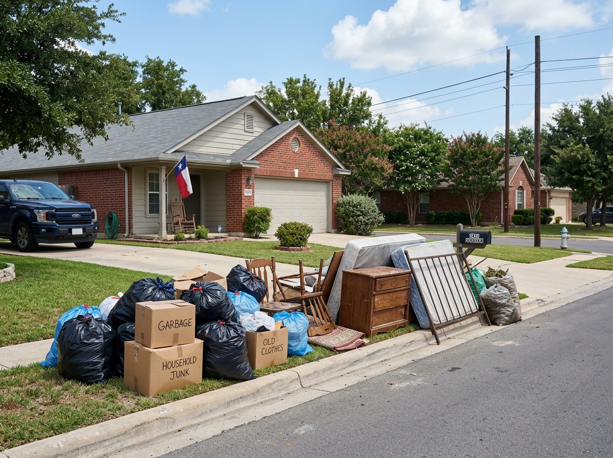 Cleared-out curbside debris and bagged junk staged for pickup after a New Braunfels move-out