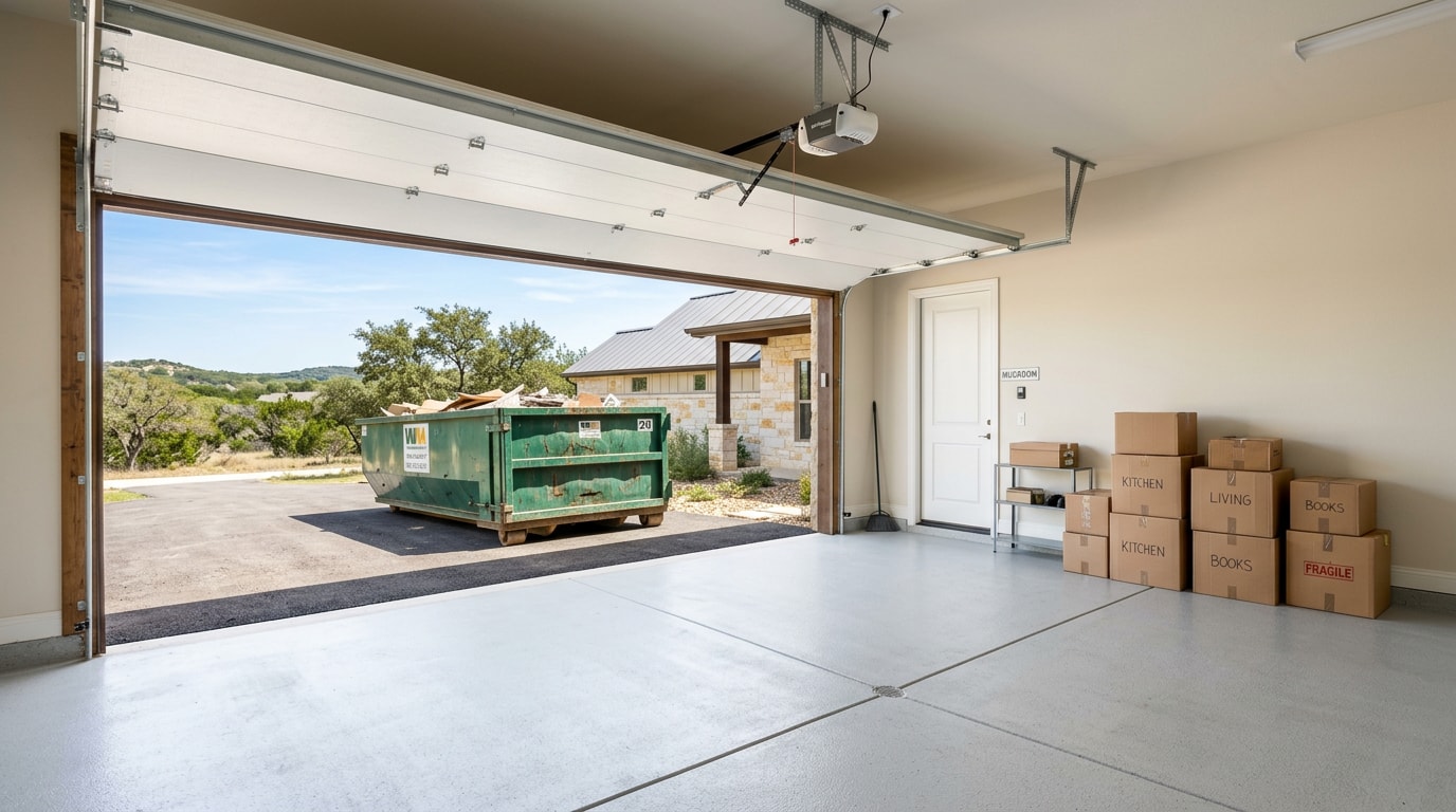 Empty garage and driveway dumpster ready for a move-out cleanout in New Braunfels, TX