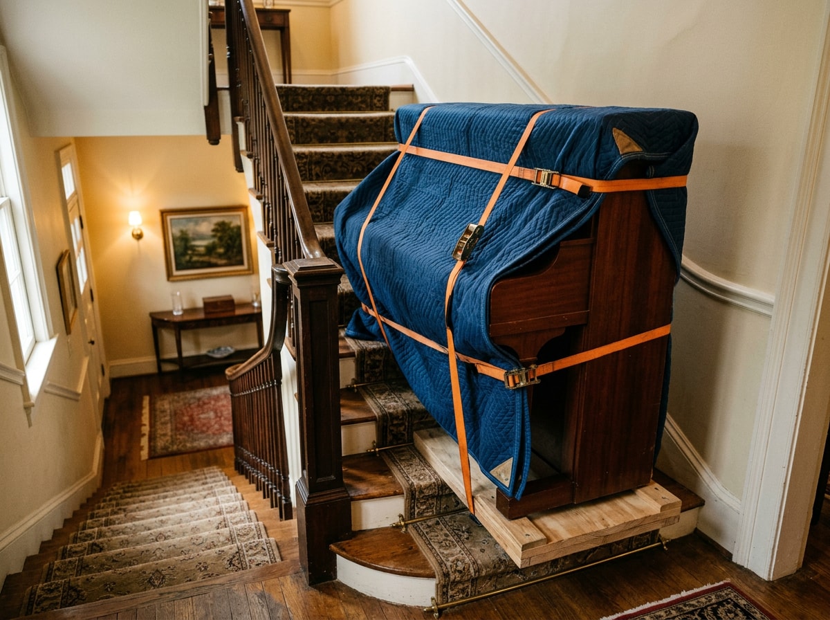 Specialty movers carefully transporting a piano down a staircase in Austin
