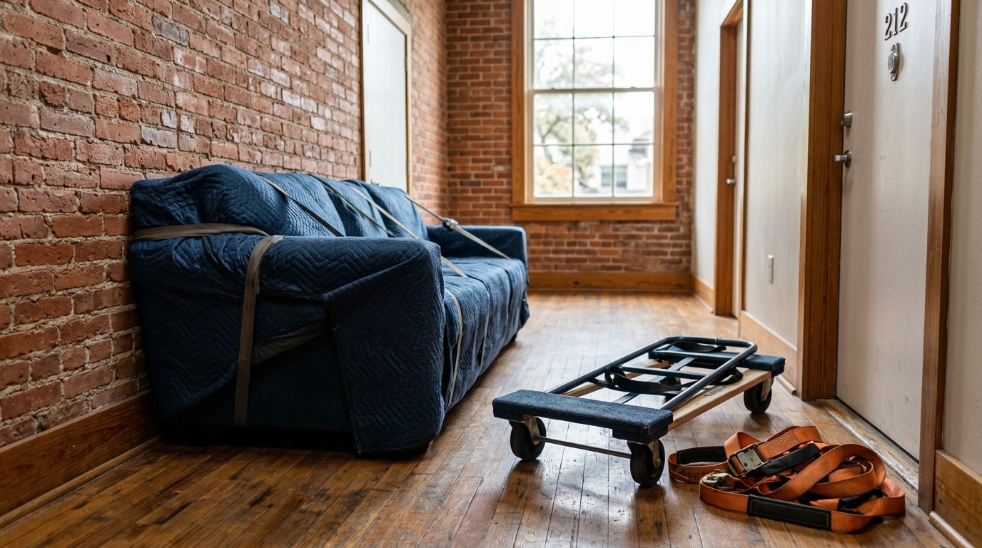 Moving dolly and straps beside a wrapped sofa ready for a single-item move in Austin