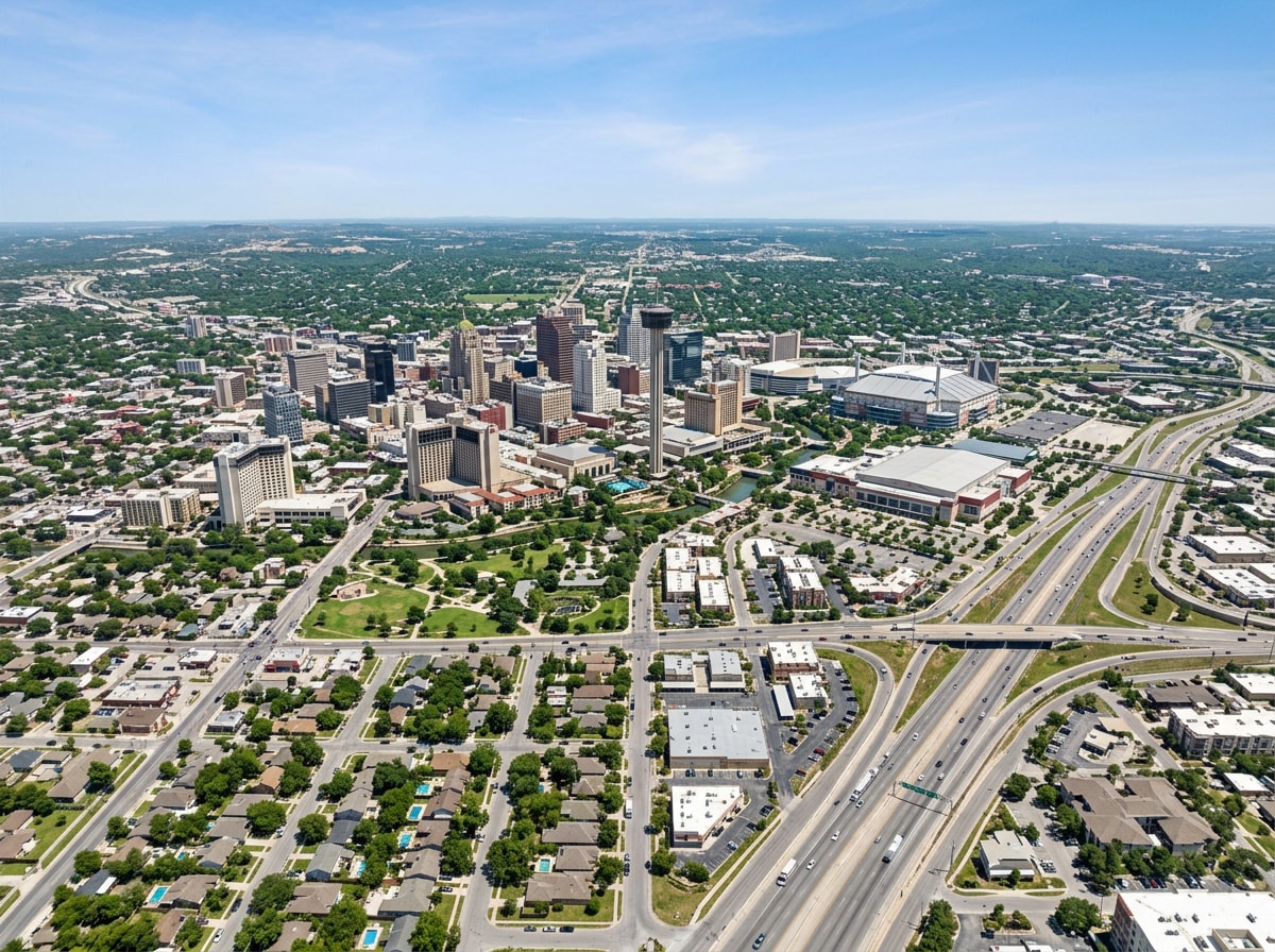 Aerial view of San Antonio skyline and surrounding neighborhoods used for corporate relocation planning