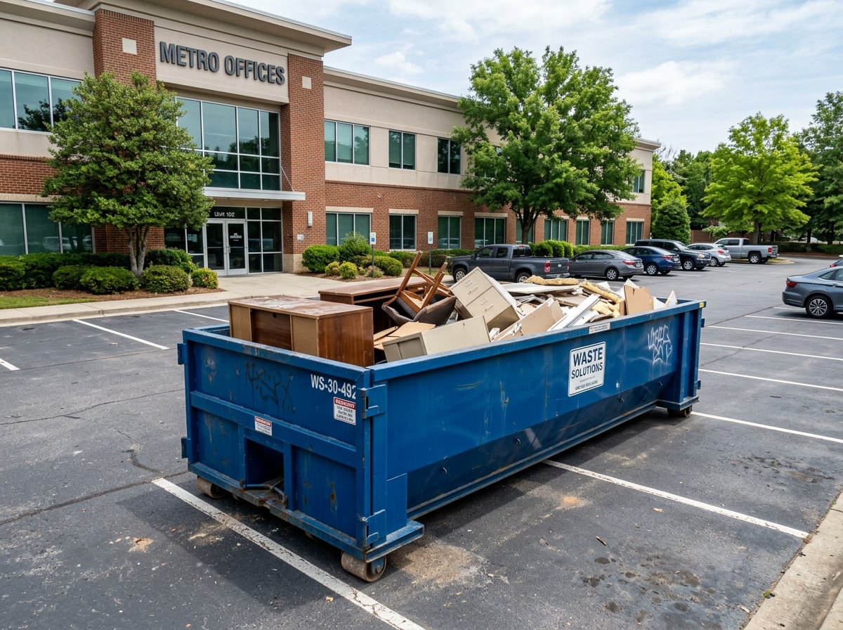 Roll-off dumpster staged outside a commercial building during an office relocation cleanout