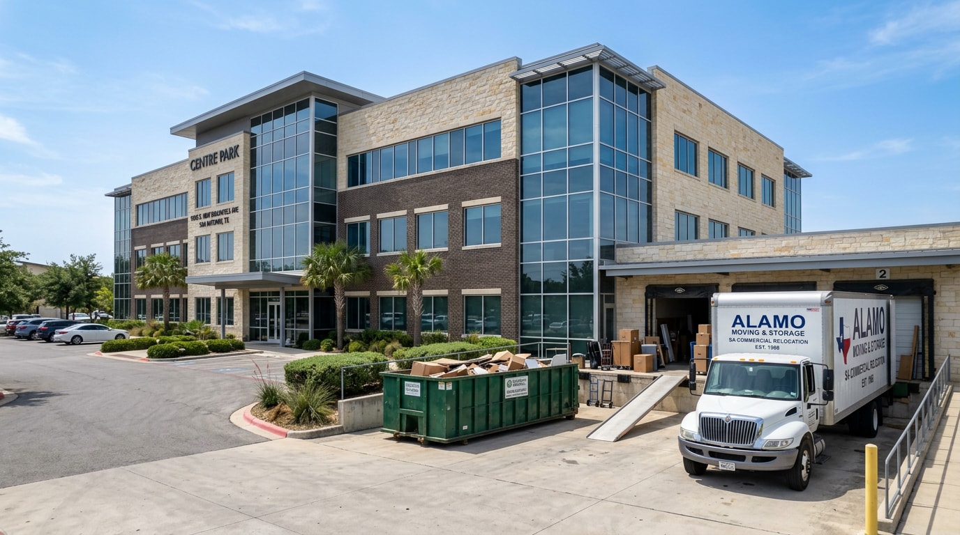 Commercial building loading dock with a dumpster and moving truck during a San Antonio office relocation