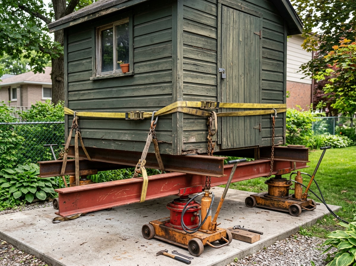 Crew preparing a backyard shed for relocation onto a flatbed trailer