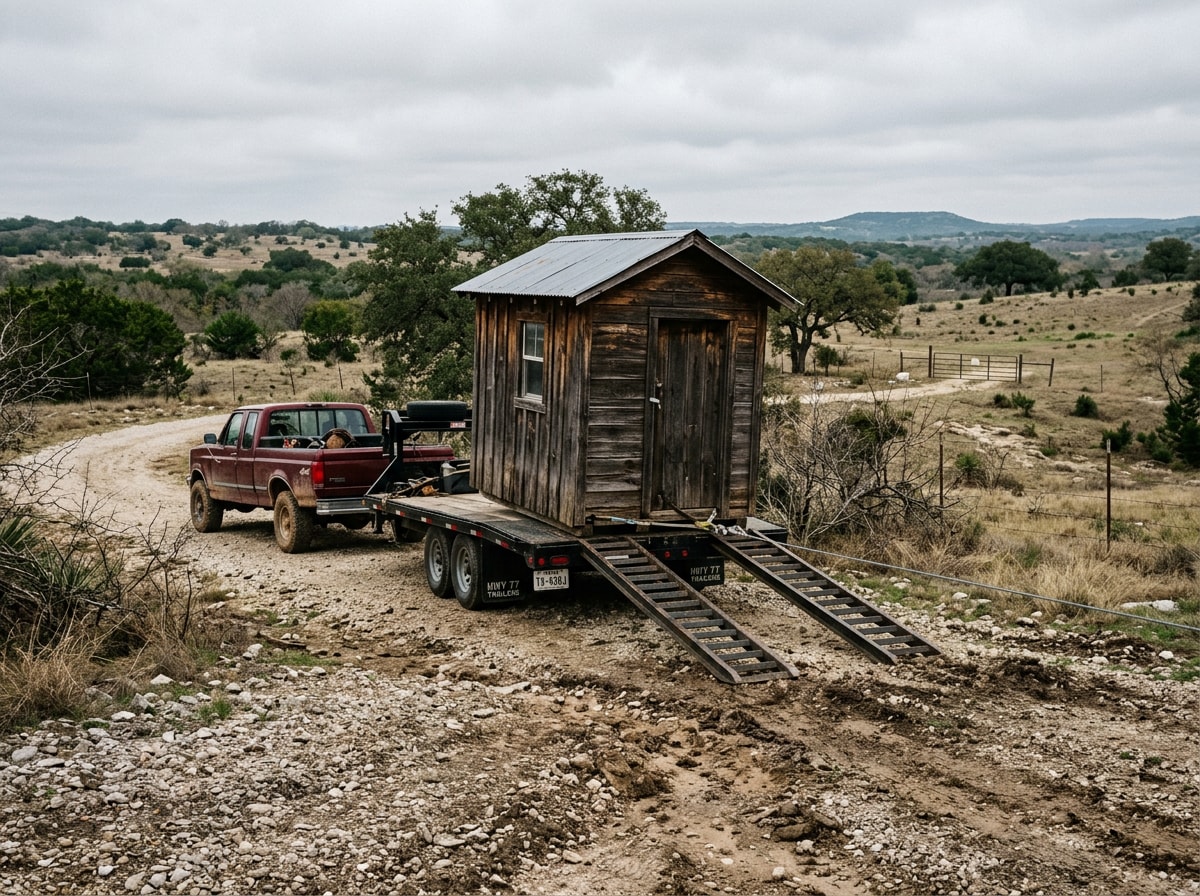 Shed being winched onto a trailer across uneven, rural ground near Marion, TX