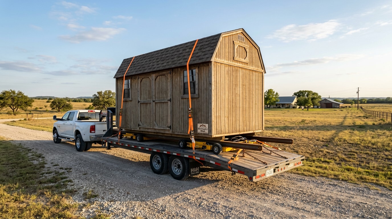 Flatbed trailer loaded with a wooden storage shed ready for relocation in rural Texas