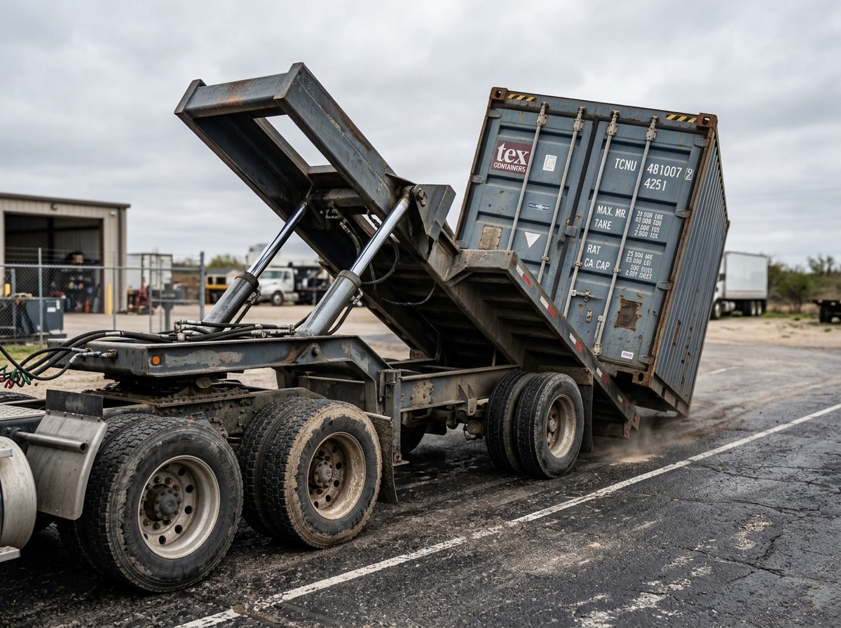 Hydraulic tilt-bed trailer lowering a shipping container to ground level in San Antonio, TX