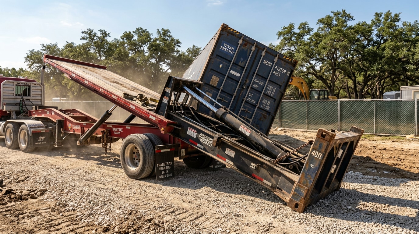 Hydraulic tilt-bed trailer delivering a shipping container to a job site in San Antonio, TX