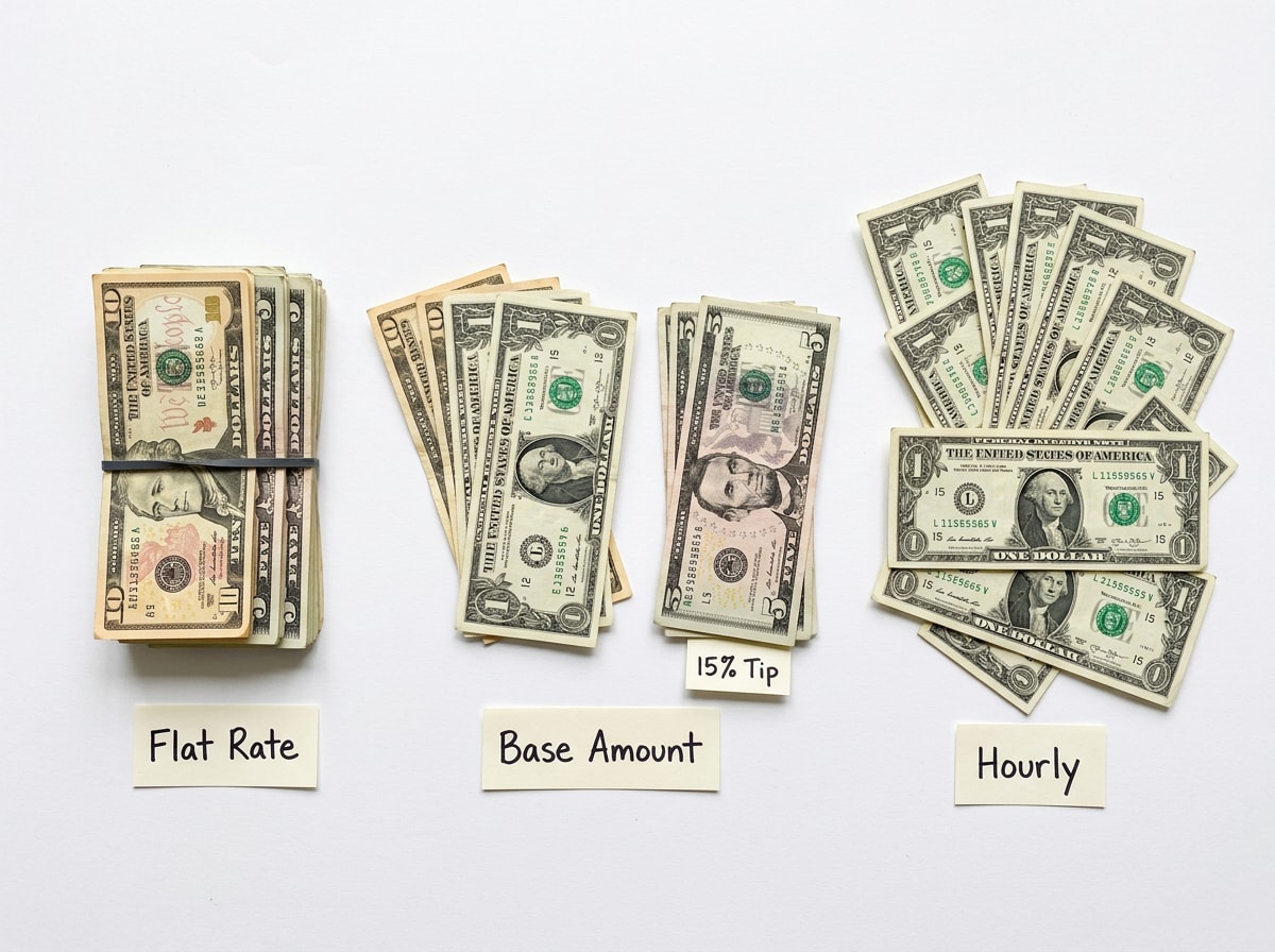Comparison chart of flat dollar tips, percentage tips, and hourly tips for a Texas move