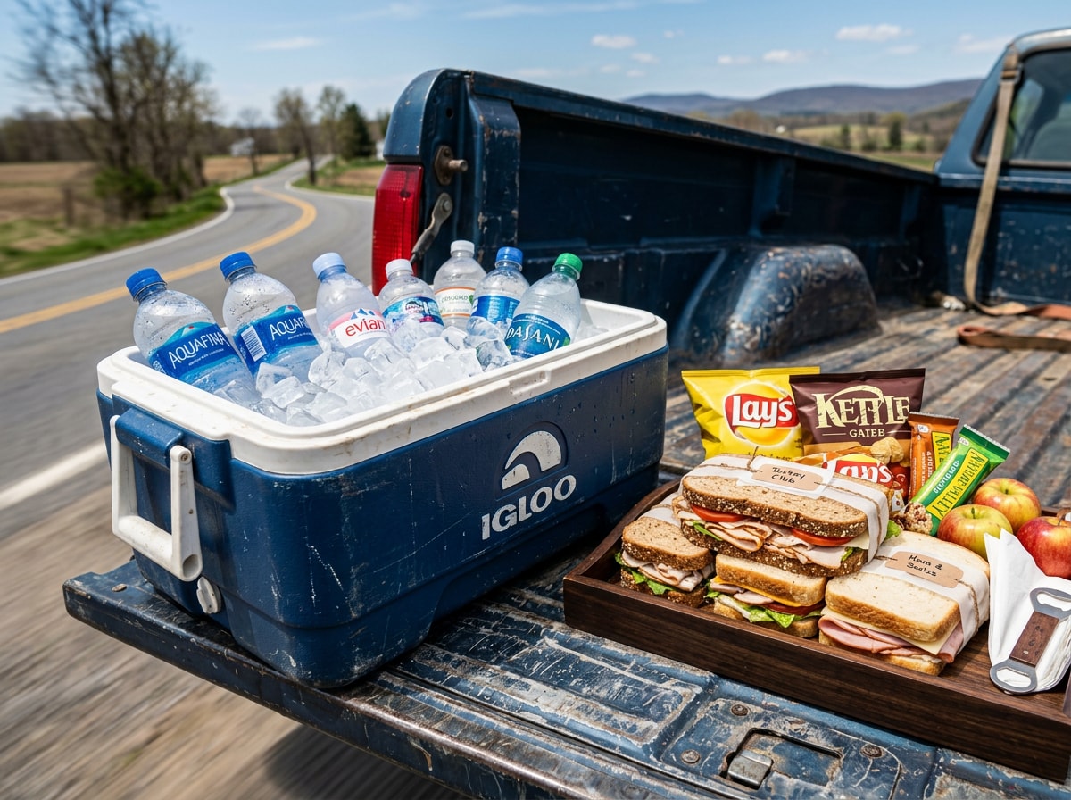 Cold water bottles and snacks set out for a moving crew on a hot day