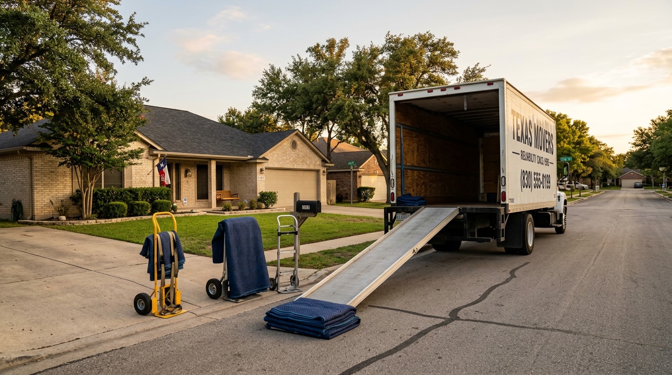 Moving truck with ramp and equipment outside a home in Seguin, TX Moving truck with ramp and equipment outside a home in Seguin, TX