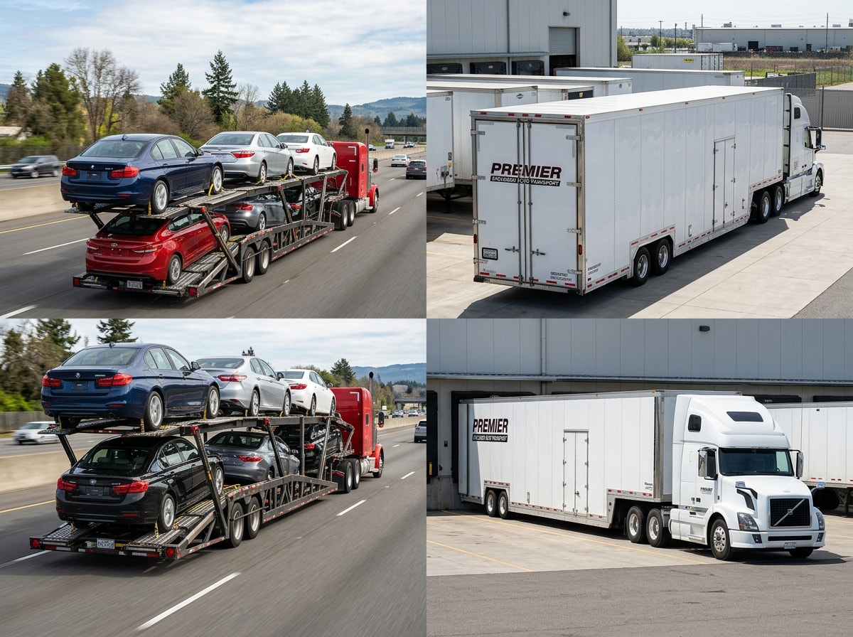 Side-by-side comparison of open carrier truck and enclosed carrier trailer for auto transport