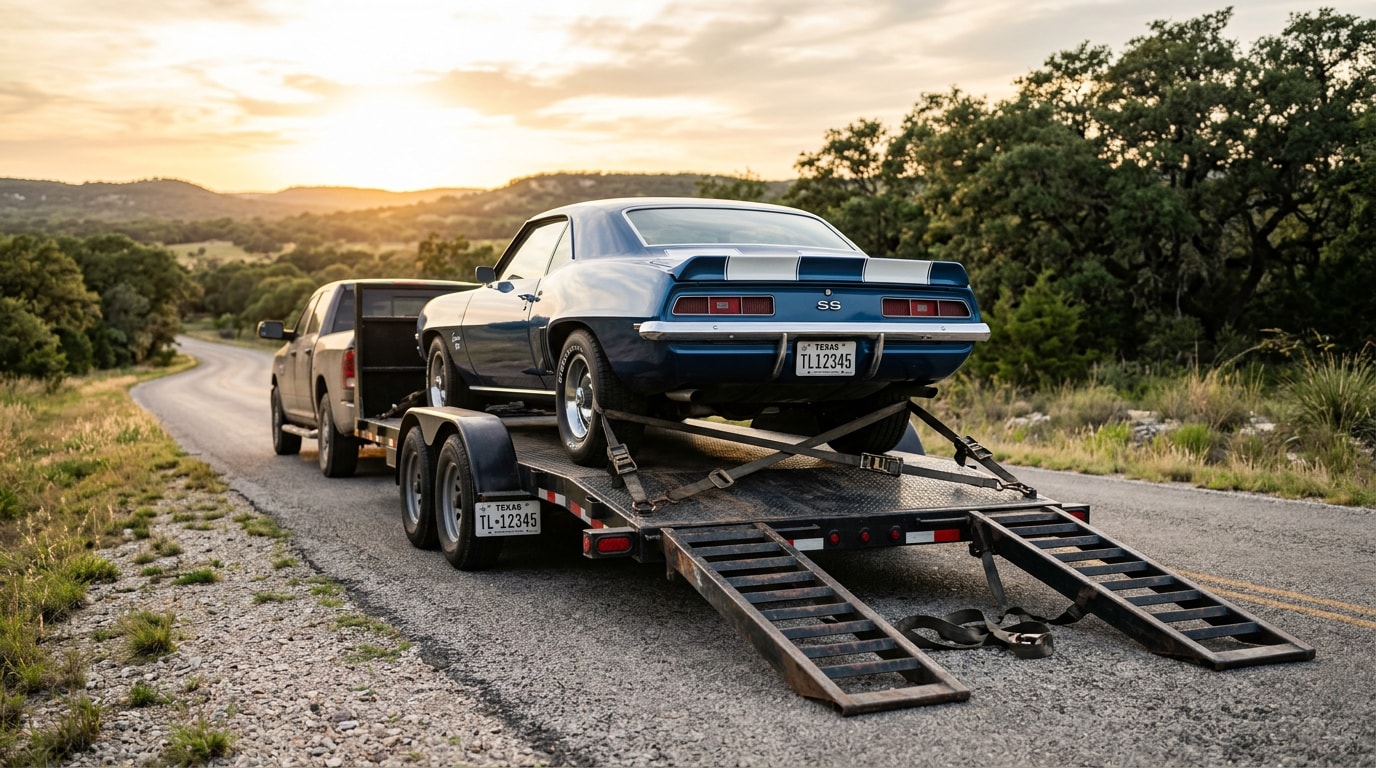 Car loaded on an open auto transport trailer on a rural road near Marion, TX Car loaded on an open auto transport trailer on a rural road near Marion, TX