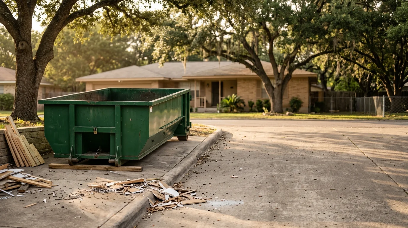 Roll-off dumpster rental truck parked at a residential property in San Antonio