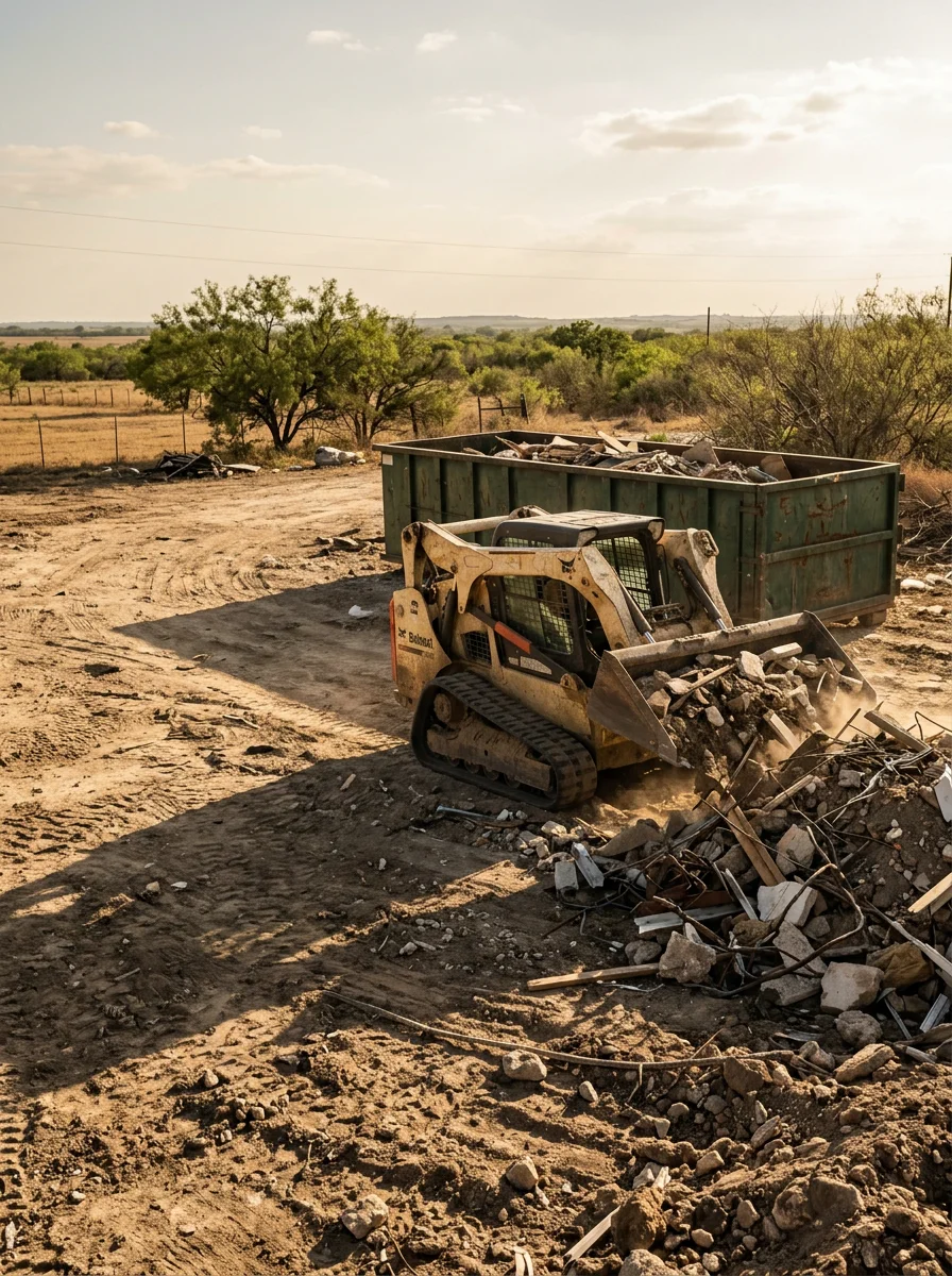 Skid steer moving debris on a large eastern Bexar County lot near Adkins, with a roll-off container positioned nearby for loading.