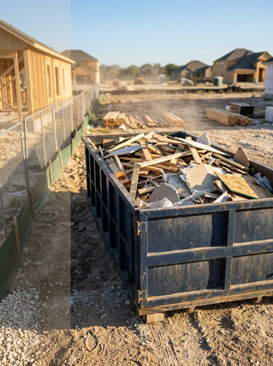 Dumpster at an Austin suburban new construction site in Cedar Park, filled with framing lumber and mixed construction waste.