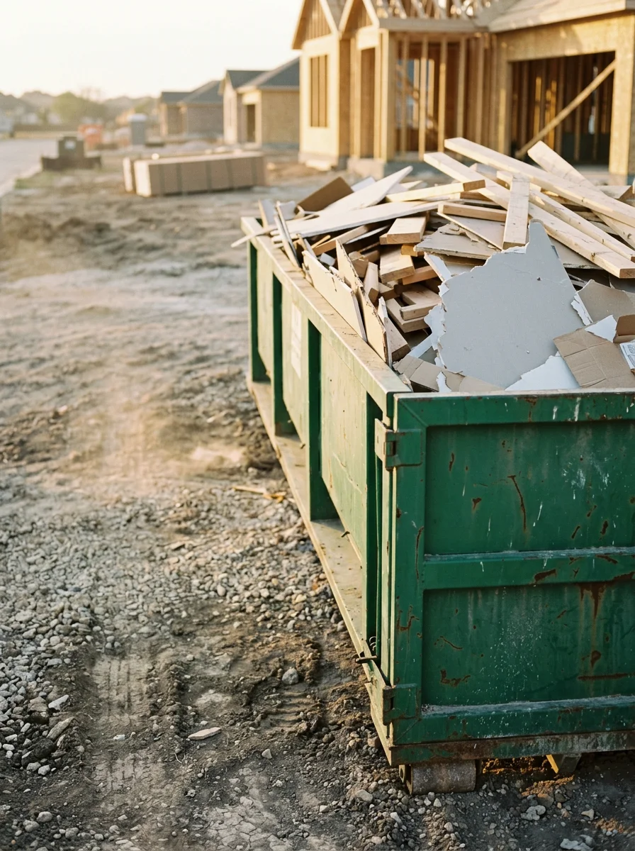 Dumpster at a Cibolo master-planned community construction site, filled with framing lumber and mixed new-build debris.