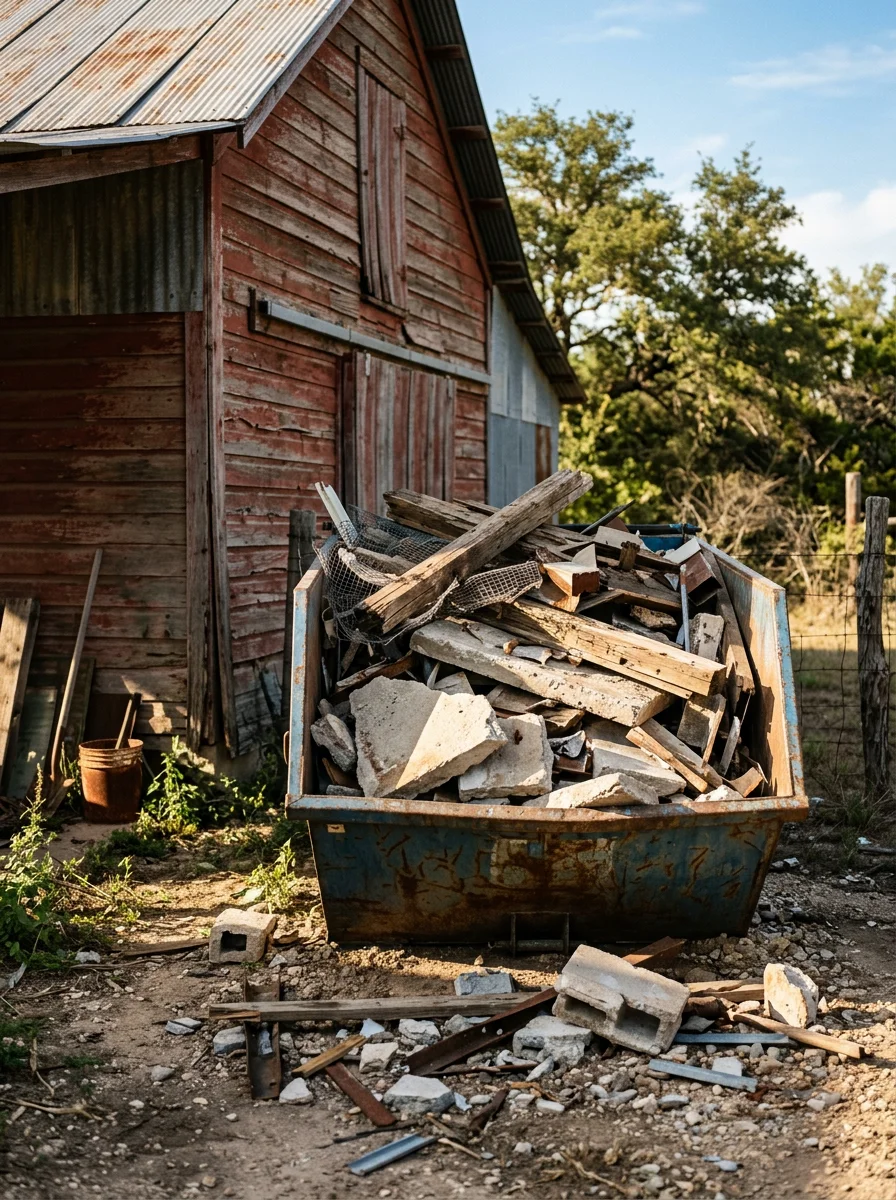 Dumpster beside an older outbuilding in Marion, Guadalupe County, filled with concrete slab pieces and barn cleanout material.