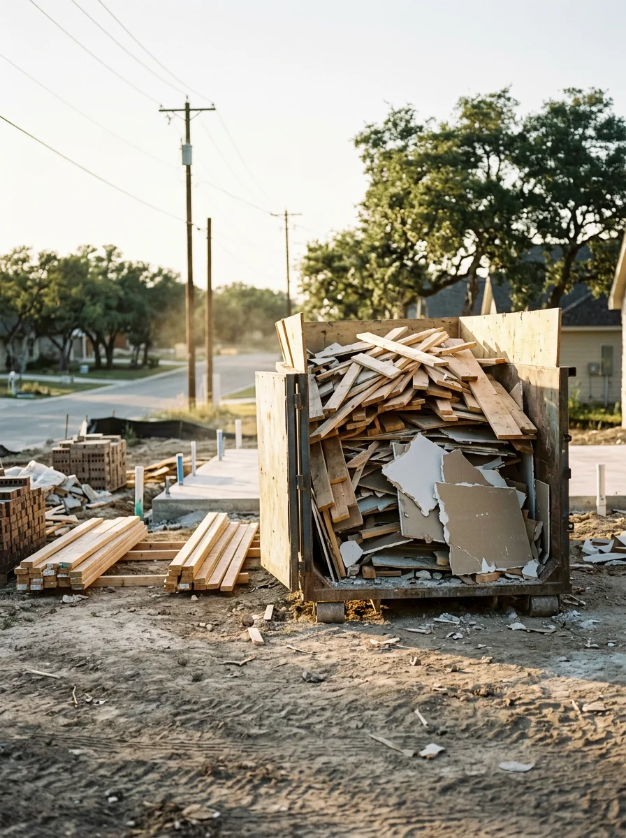 Dumpster loaded with framing lumber and construction debris at a New Braunfels new-build subdivision site along the I-35 corridor.