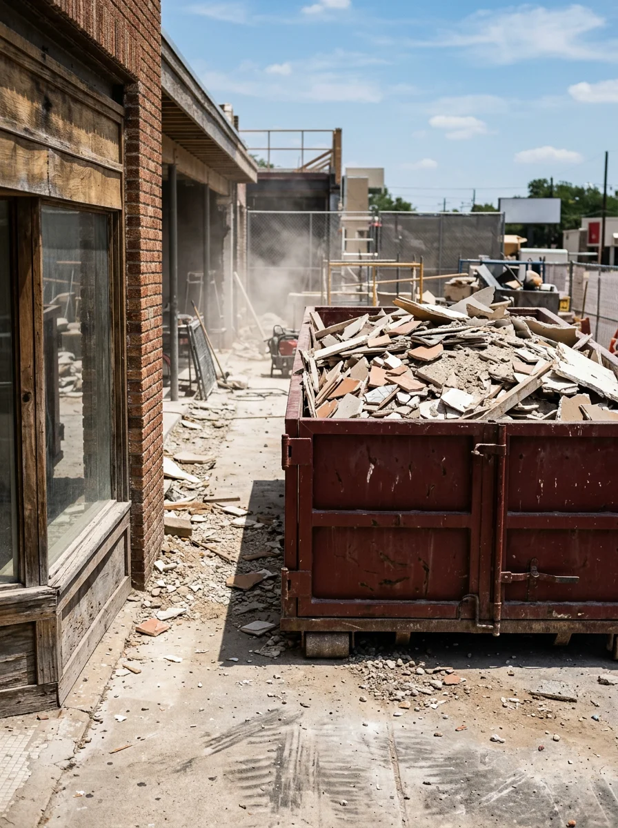 Close-up of a loaded roll-off container at a San Antonio commercial renovation site, filled with tile, drywall, and mixed construction debris.
