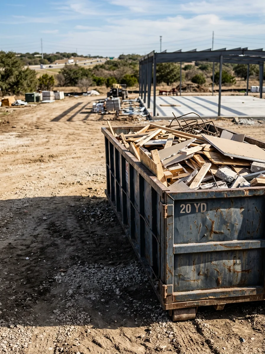 Dumpster on a Seguin new construction site along the I-10 corridor, filled with framing scraps and concrete flatwork debris.