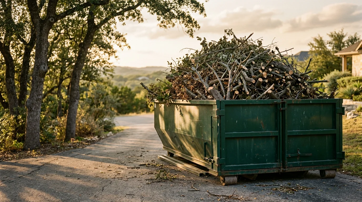 A roll-off dumpster filled with cut tree branches and brush on a residential property in San Antonio, Texas. The cleared yard behind the container shows trimmed shrubs and open ground ready for landscaping.
