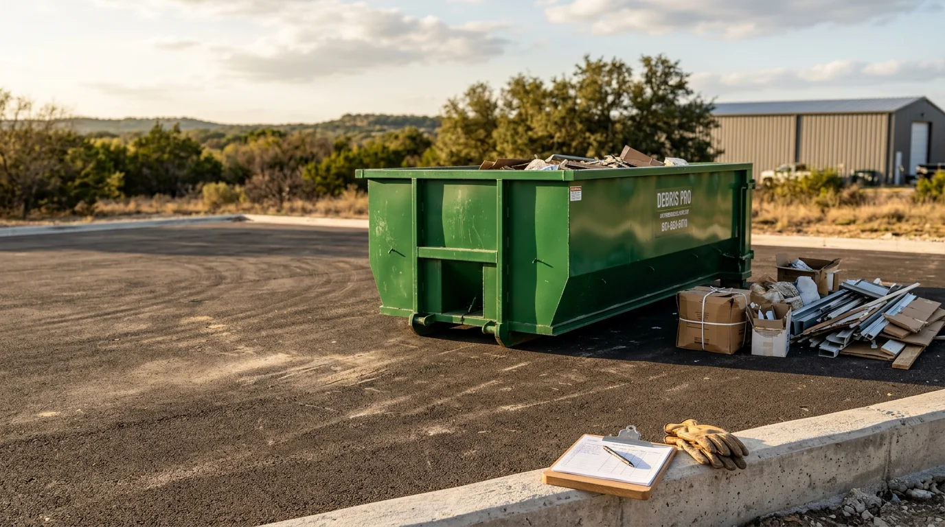 A roll-off dumpster placed in a commercial parking lot in San Antonio, Texas, filled with renovation debris from a business remodel. TX Roll Offs LLC container positioned near a commercial building entrance to support an active cleanout project.