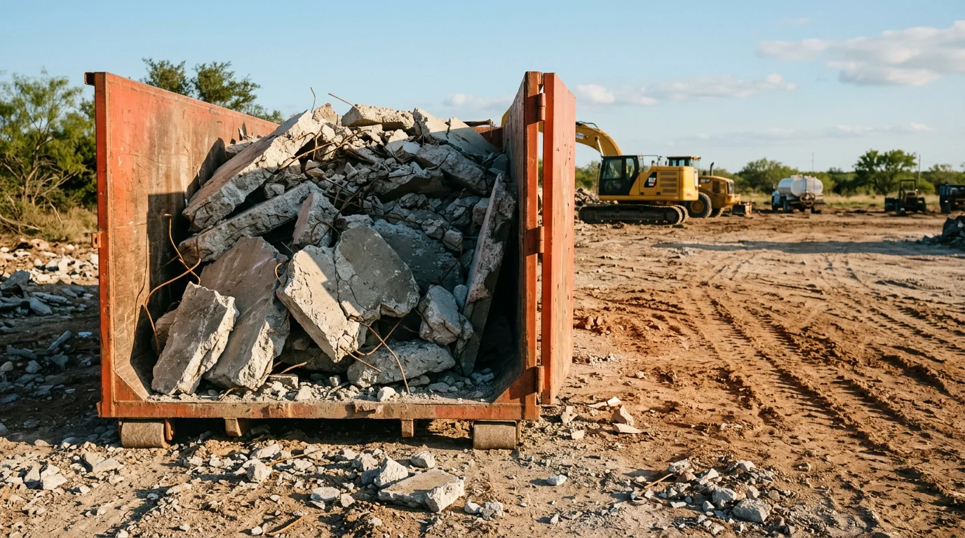 Broken concrete slab being removed from a residential property in San Antonio, Texas, with debris loaded for hauling. Cracked flatwork cleared to bare soil, ready for new construction or landscaping.